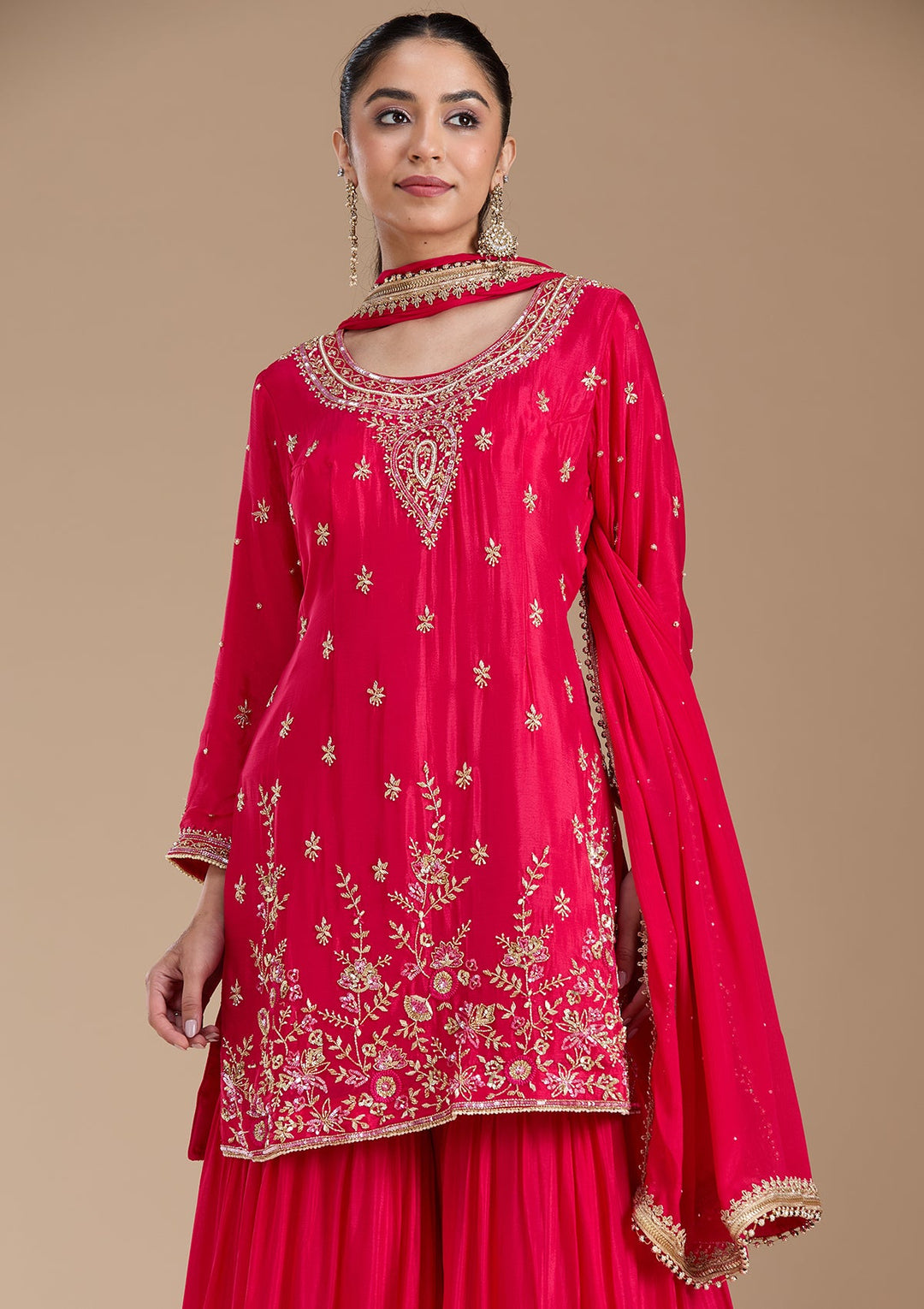 Rani Pink Threadwork Satin Readymade Salwar Suit-koskii