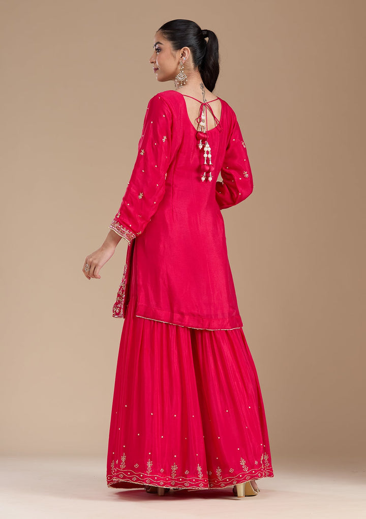 Rani Pink Threadwork Satin Readymade Salwar Suit-koskii