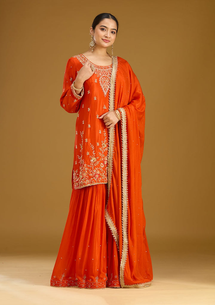 Rust Threadwork Satin Readymade Salwar Suit