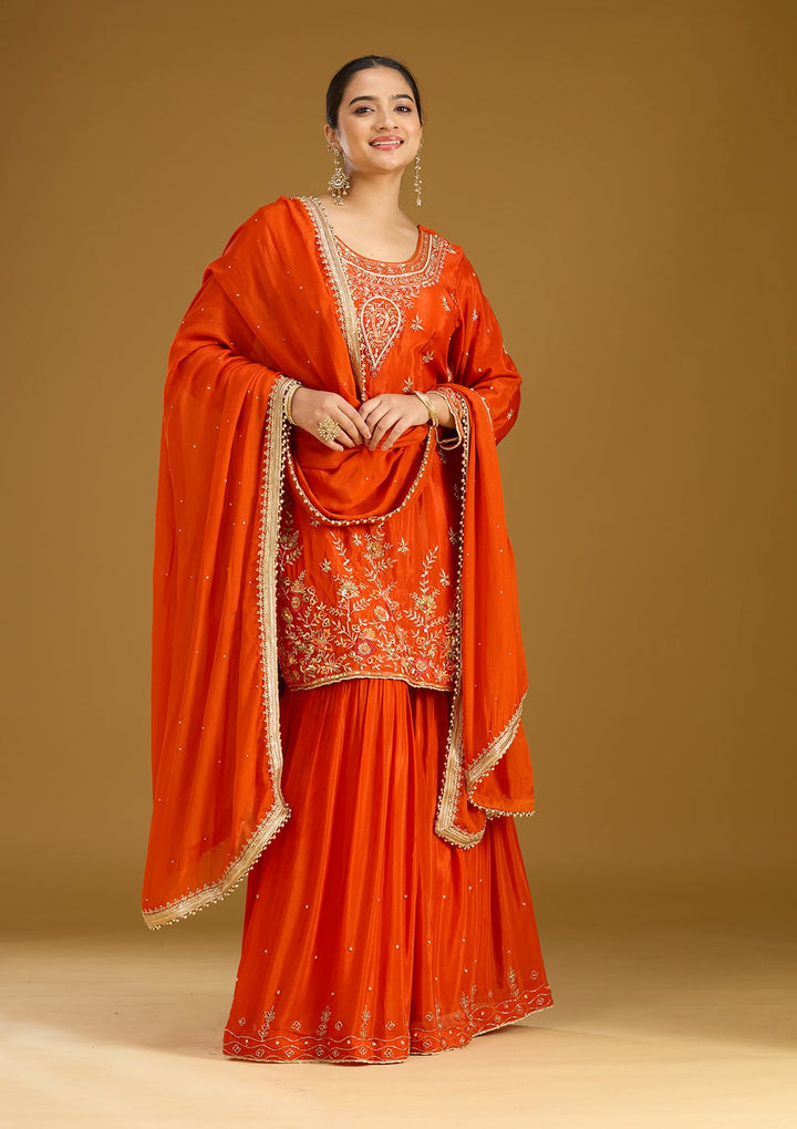Rust Threadwork Satin Readymade Salwar Suit
