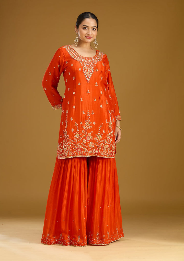 Rust Threadwork Satin Readymade Salwar Suit
