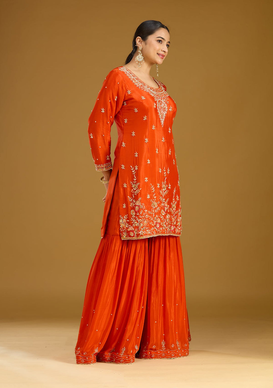 Rust Threadwork Satin Readymade Salwar Suit