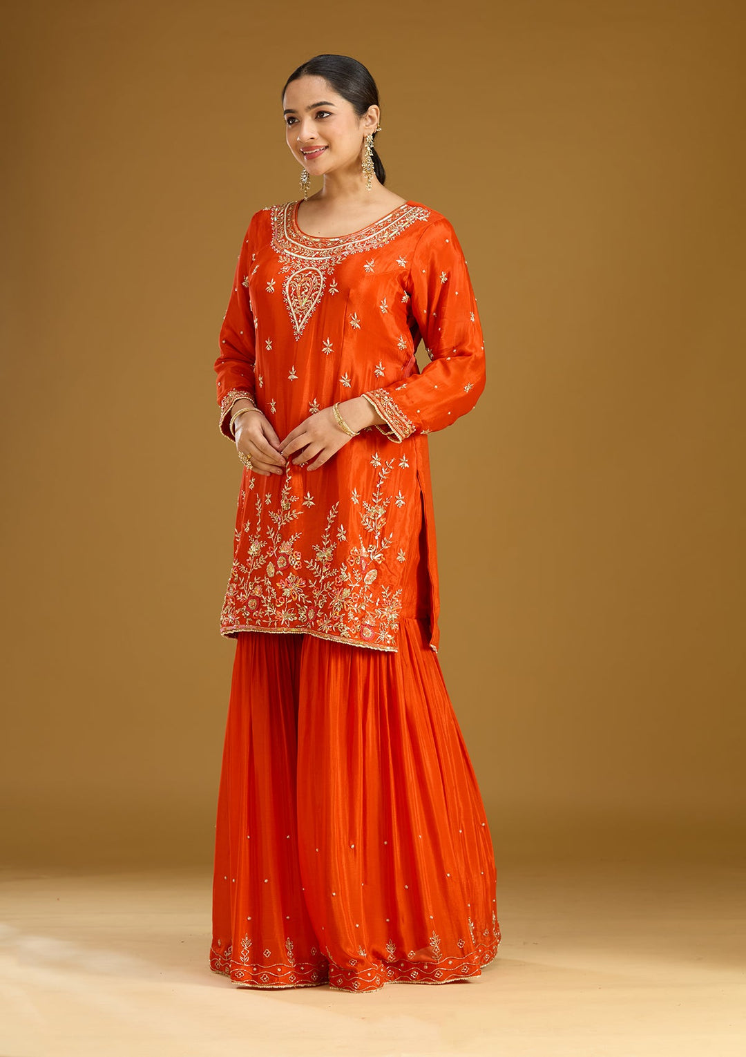 Rust Threadwork Satin Readymade Salwar Suit