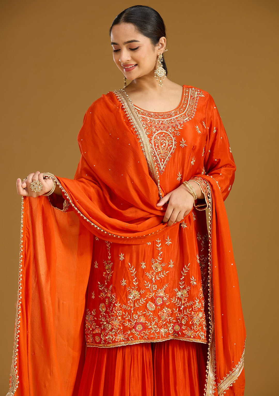 Rust Threadwork Satin Readymade Salwar Suit