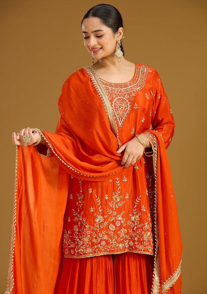 Rust Threadwork Satin Readymade Salwar Suit