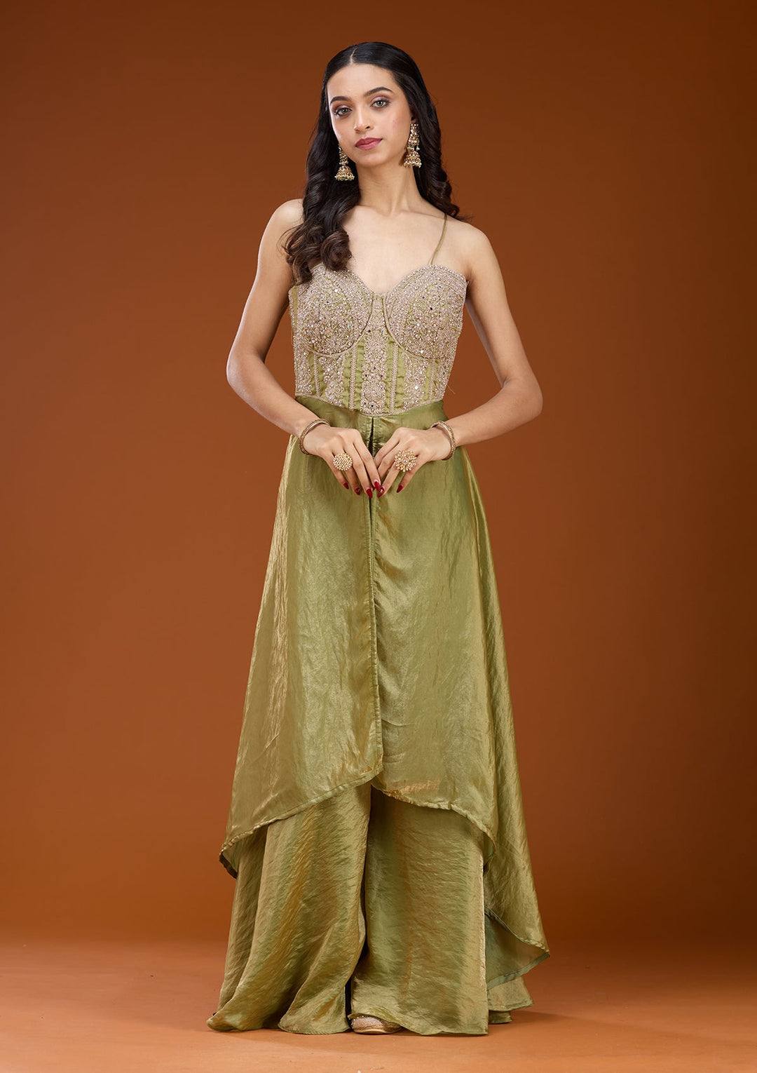 Mehandi Green Zariwork (Gold) Satin Readymade Salwar Suit