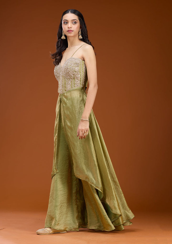 Mehandi Green Zariwork (Gold) Satin Readymade Salwar Suit