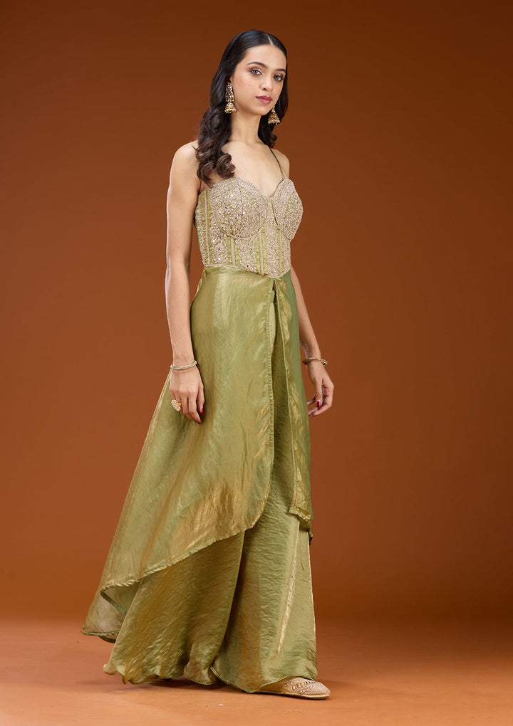 Mehandi Green Zariwork (Gold) Satin Readymade Salwar Suit
