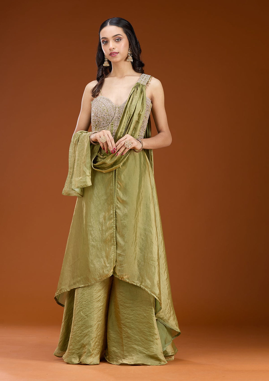 Mehandi Green Zariwork (Gold) Satin Readymade Salwar Suit