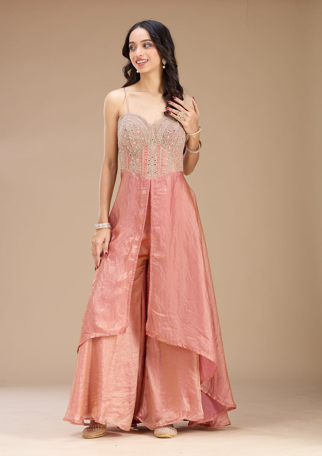 Onion Pink Zariwork (Gold) Satin Readymade Salwar Suit