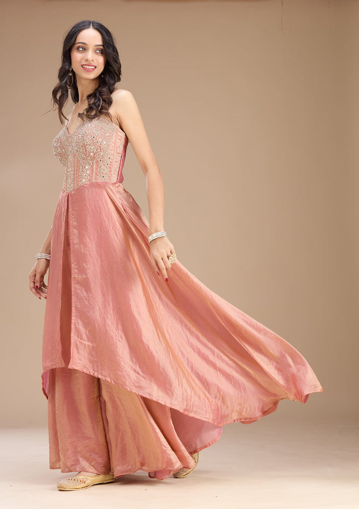 Onion Pink Zariwork (Gold) Satin Readymade Salwar Suit