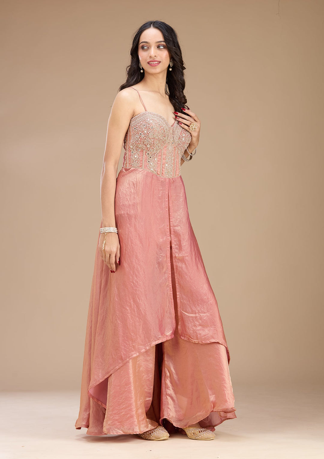 Onion Pink Zariwork (Gold) Satin Readymade Salwar Suit