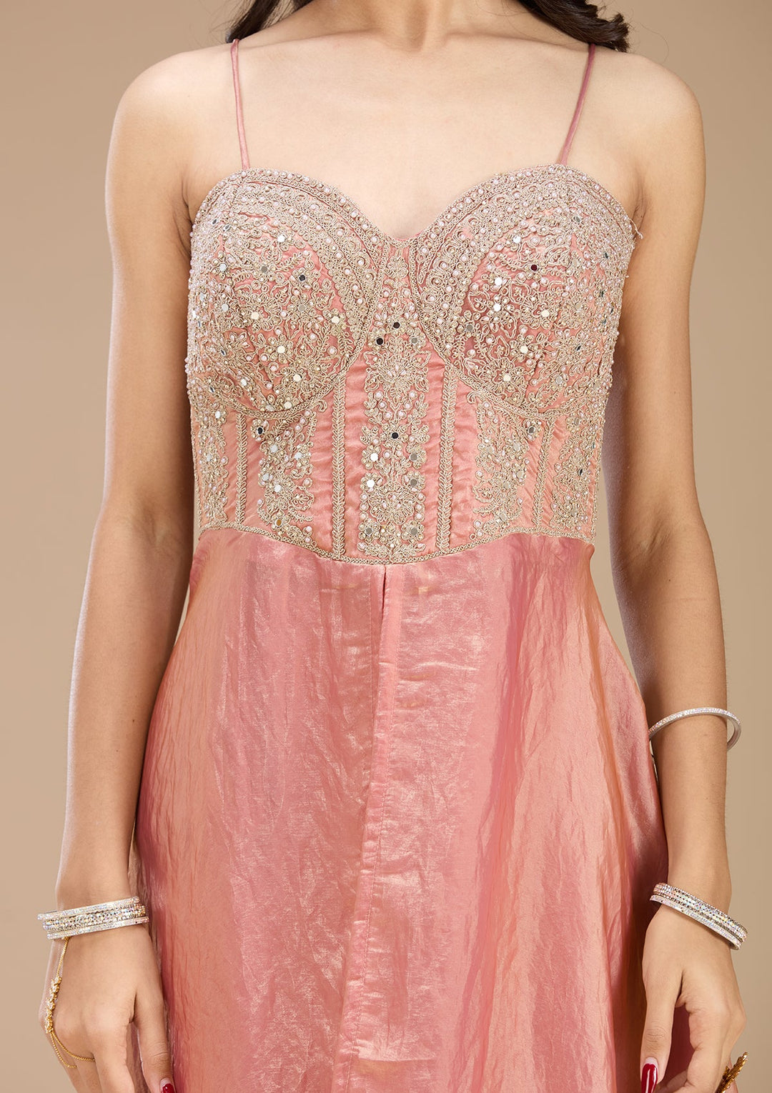 Onion Pink Zariwork (Gold) Satin Readymade Salwar Suit