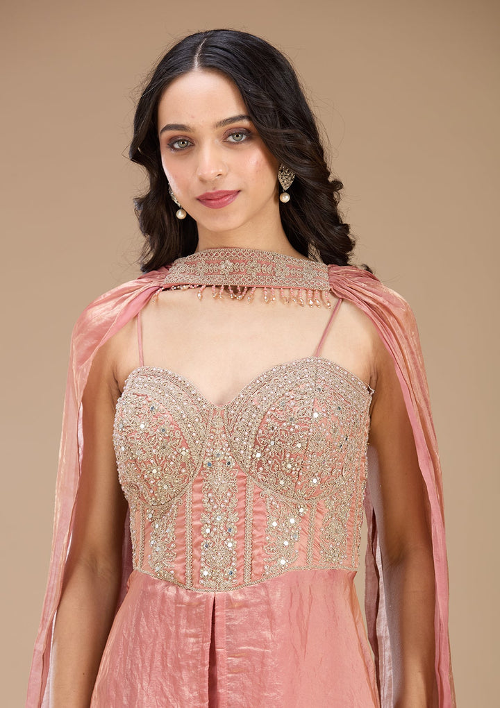 Onion Pink Zariwork (Gold) Satin Readymade Salwar Suit