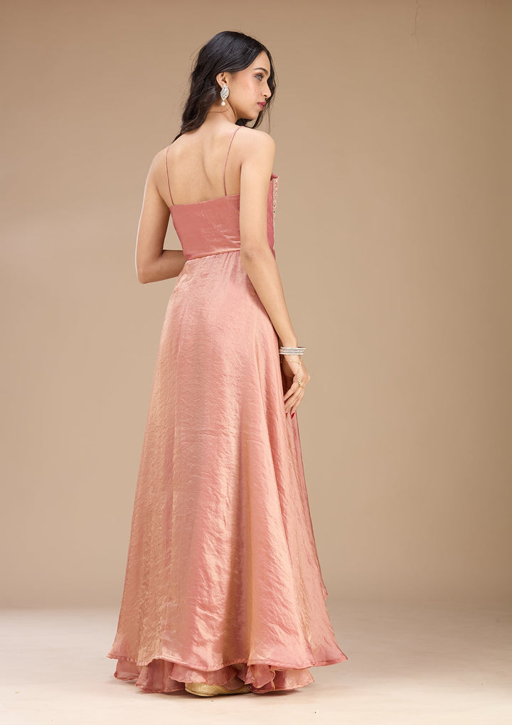 Onion Pink Zariwork (Gold) Satin Readymade Salwar Suit