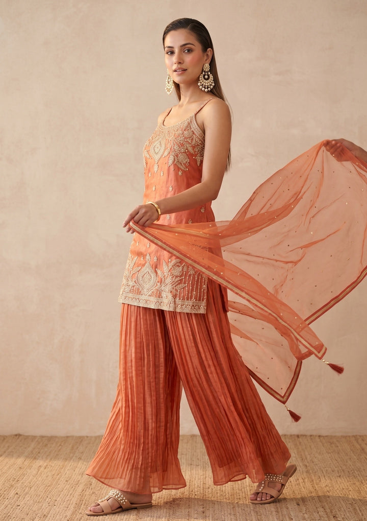Orange Zariwork (Gold) Tissue Readymade Salwar Suit