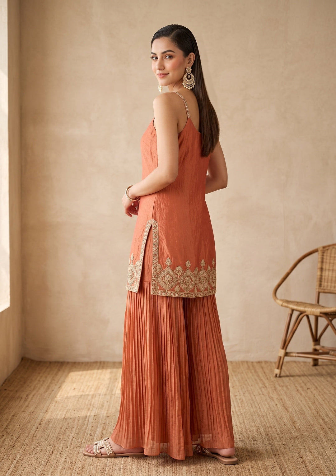 Orange Zariwork (Gold) Tissue Readymade Salwar Suit