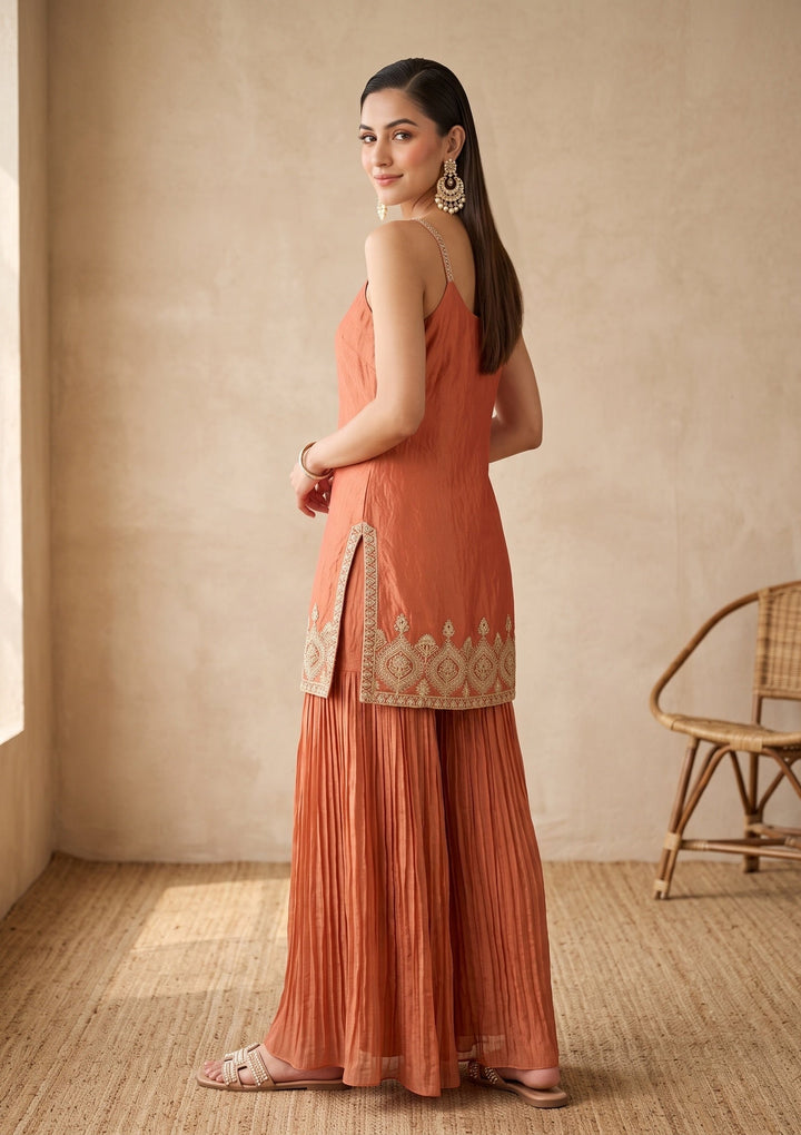 Orange Zariwork (Gold) Tissue Readymade Salwar Suit