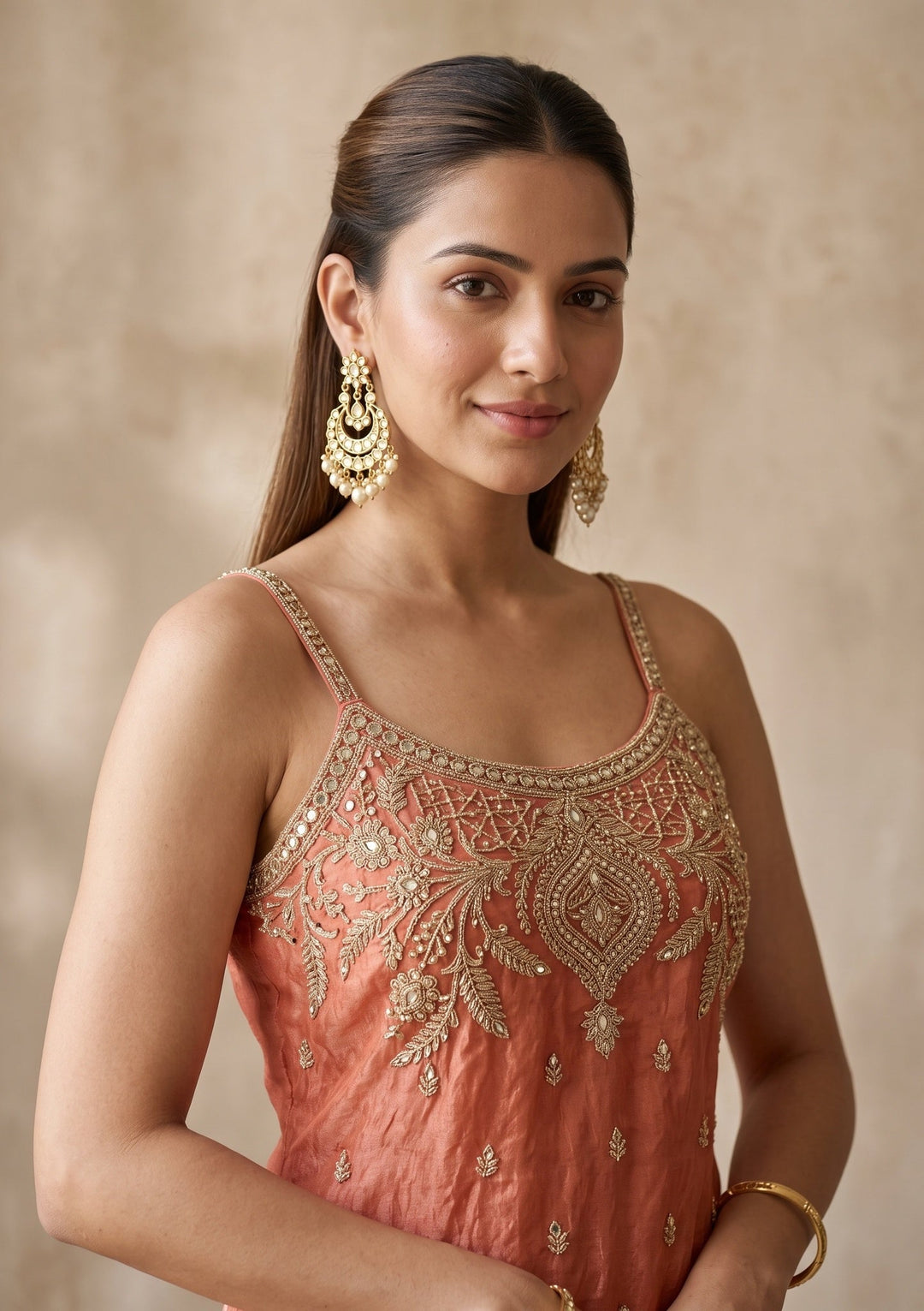 Orange Zariwork (Gold) Tissue Readymade Salwar Suit