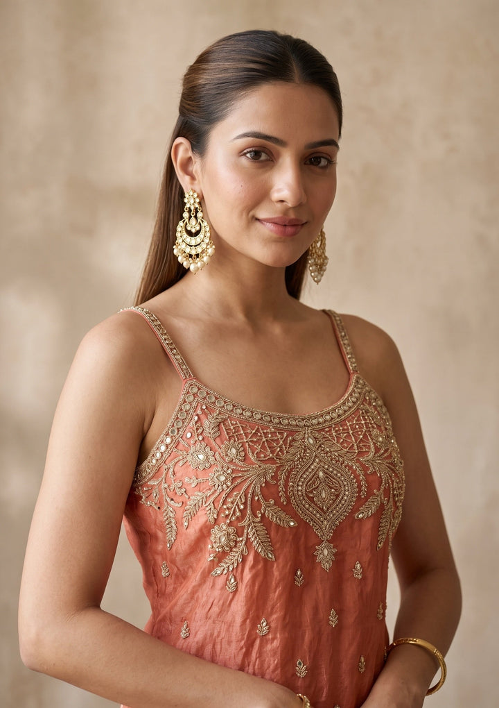 Orange Zariwork (Gold) Tissue Readymade Salwar Suit