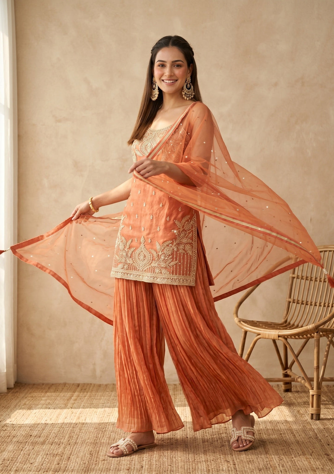 Orange Zariwork (Gold) Tissue Readymade Salwar Suit