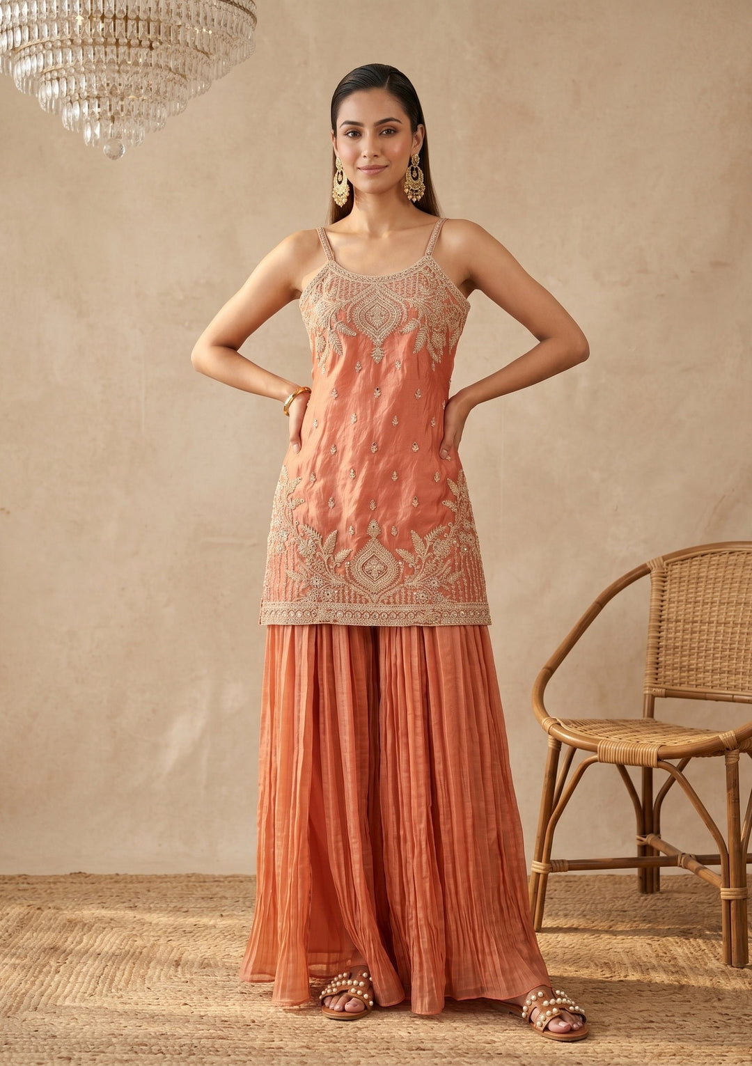 Orange Zariwork (Gold) Tissue Readymade Salwar Suit