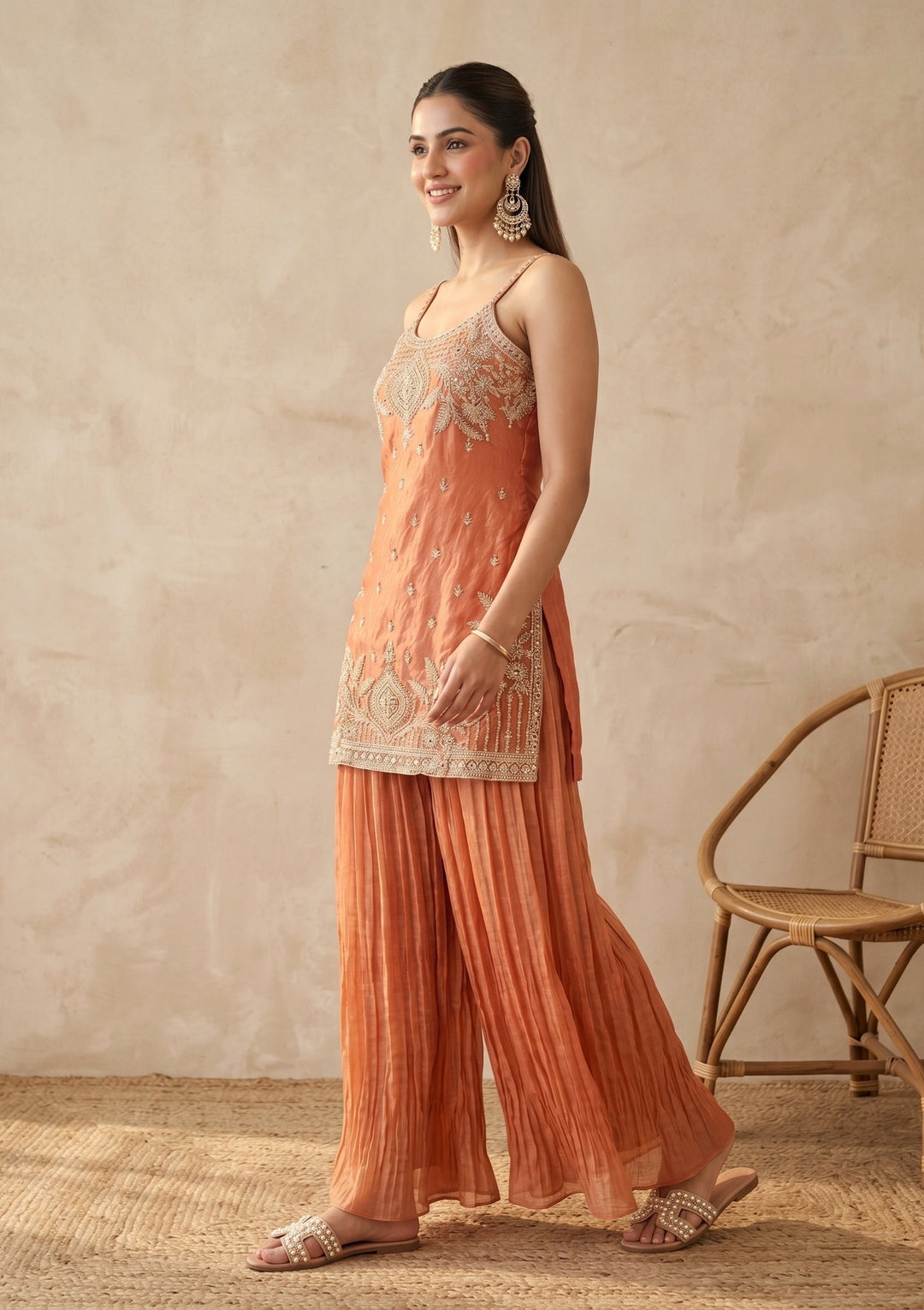 Orange Zariwork (Gold) Tissue Readymade Salwar Suit