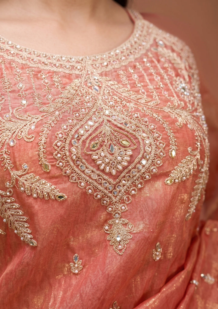 Orange Zariwork (Gold) Tissue Readymade Salwar Suit