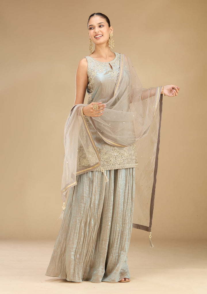 Light Grey Threadwork Soft Raw Silk Readymade Salwar Suit