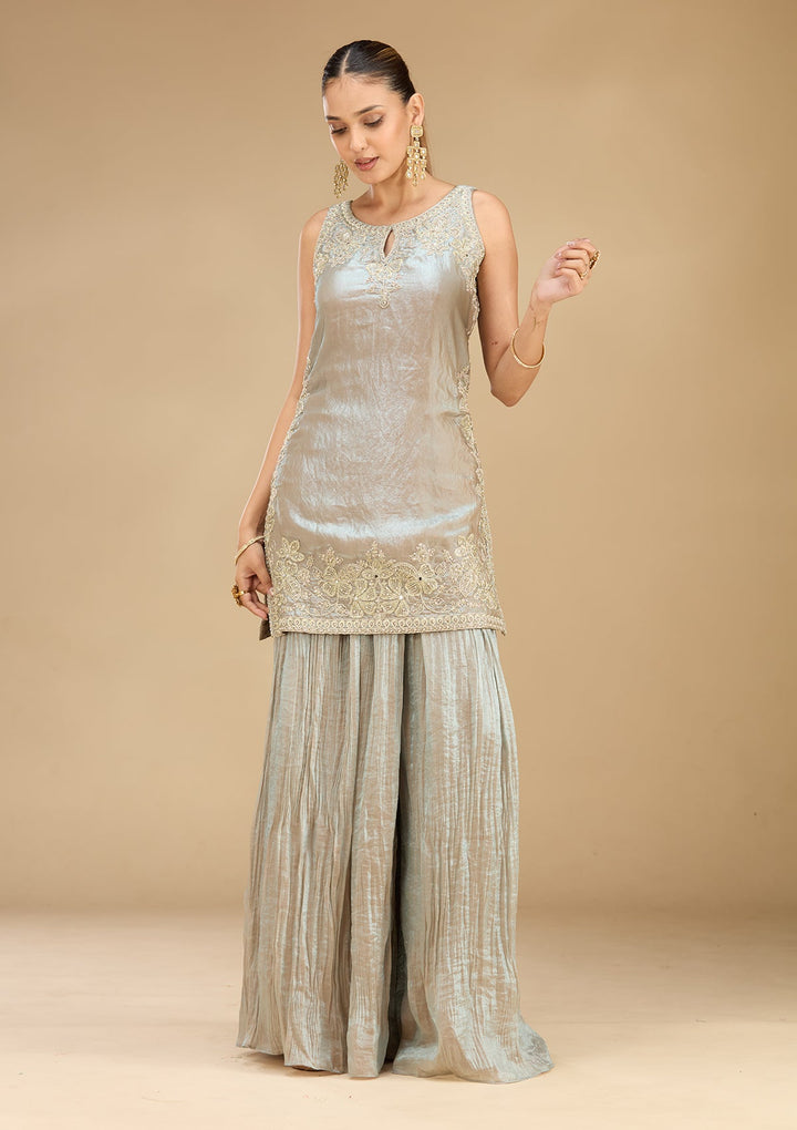 Light Grey Threadwork Soft Raw Silk Readymade Salwar Suit