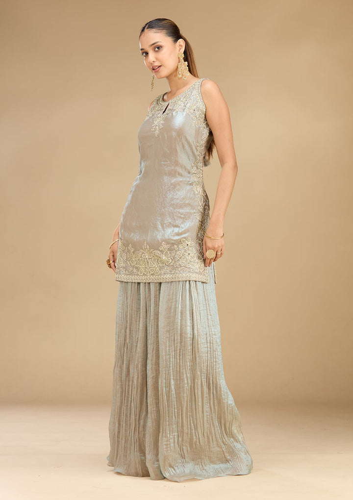 Light Grey Threadwork Soft Raw Silk Readymade Salwar Suit