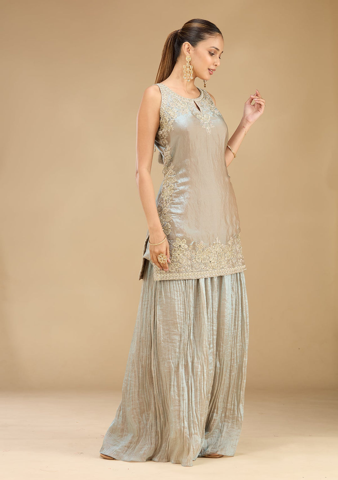 Light Grey Threadwork Soft Raw Silk Readymade Salwar Suit