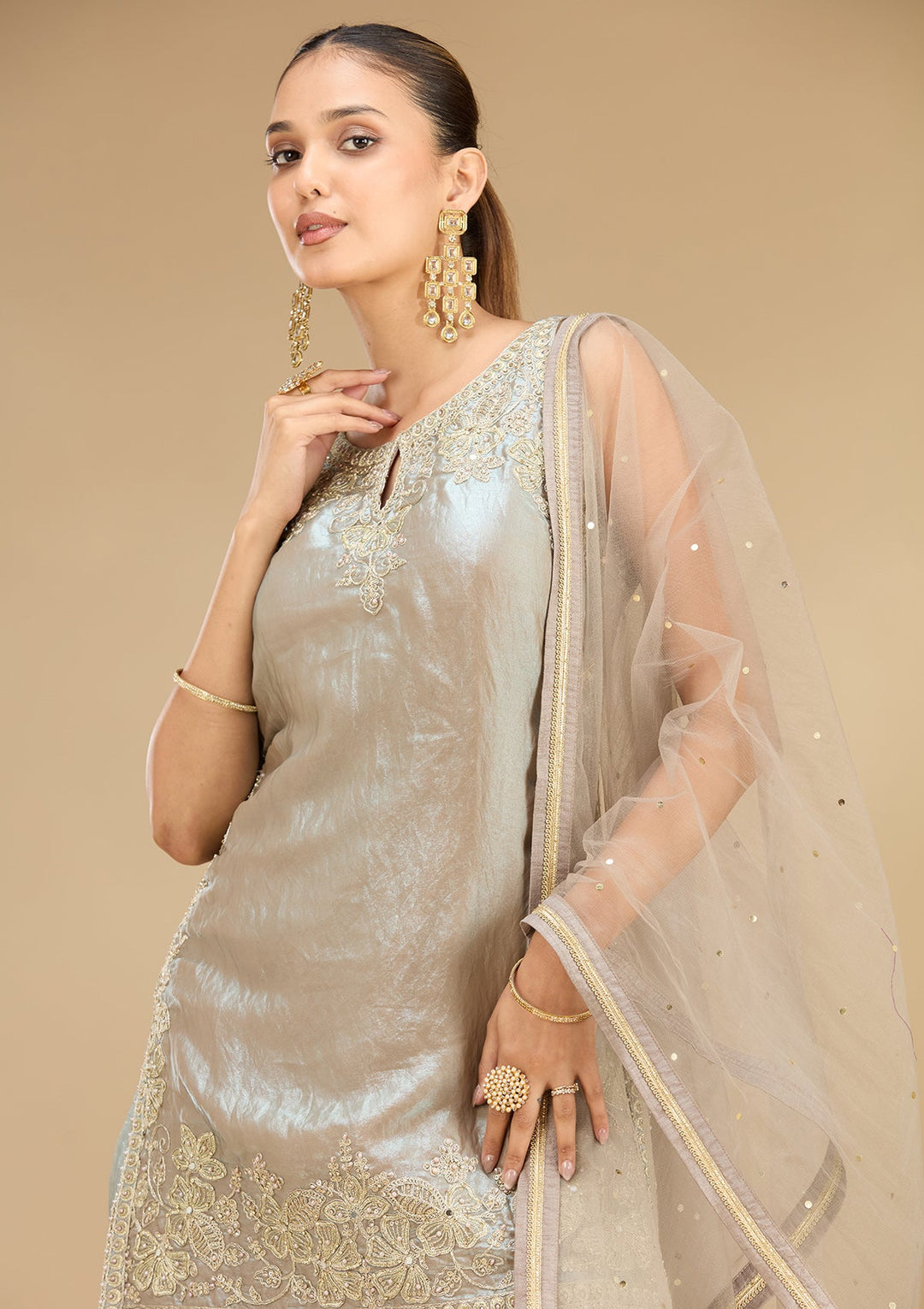 Light Grey Threadwork Soft Raw Silk Readymade Salwar Suit