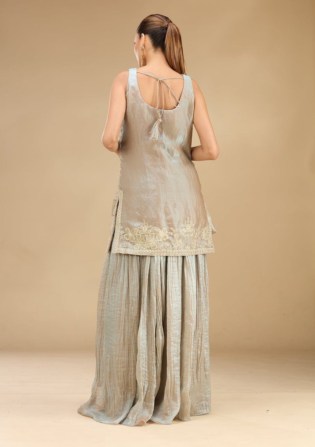 Light Grey Threadwork Soft Raw Silk Readymade Salwar Suit