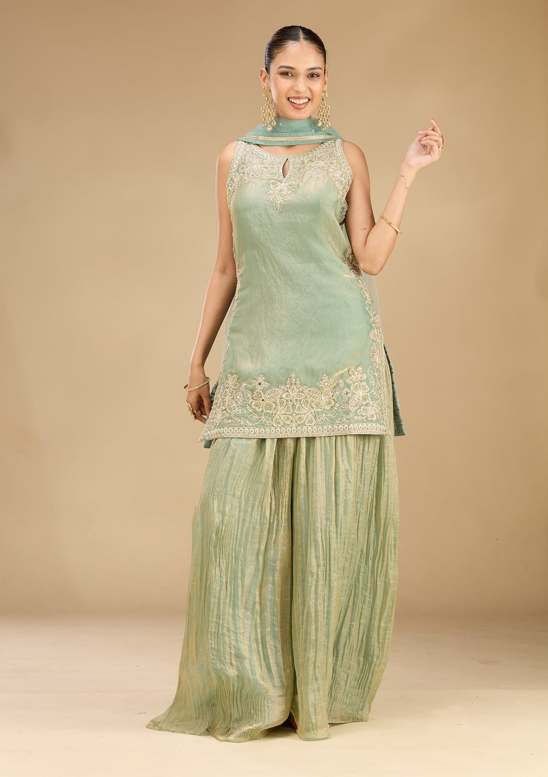 Sea Green Zariwork (Gold) Satin Readymade Salwar Suit