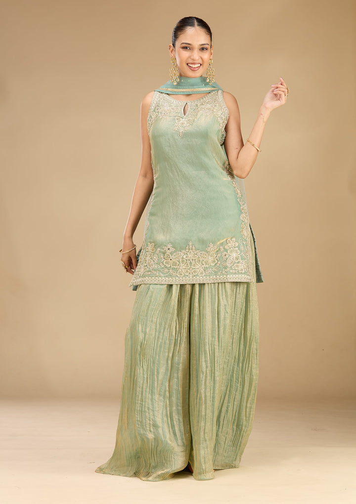 Sea Green Zariwork (Gold) Satin Readymade Salwar Suit