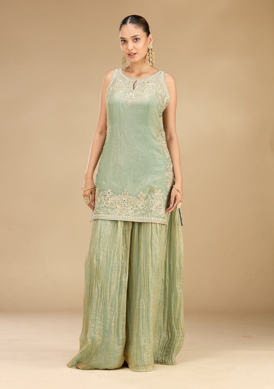 Sea Green Zariwork (Gold) Satin Readymade Salwar Suit