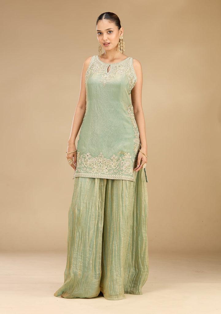 Sea Green Zariwork (Gold) Satin Readymade Salwar Suit