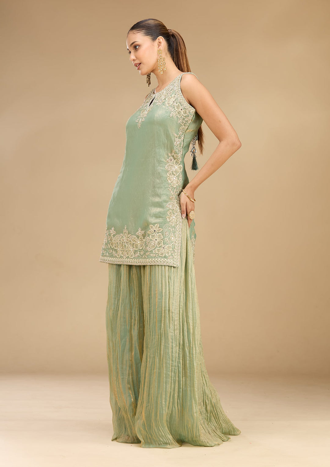 Sea Green Zariwork (Gold) Satin Readymade Salwar Suit