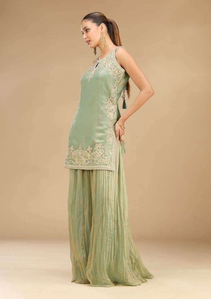 Sea Green Zariwork (Gold) Satin Readymade Salwar Suit