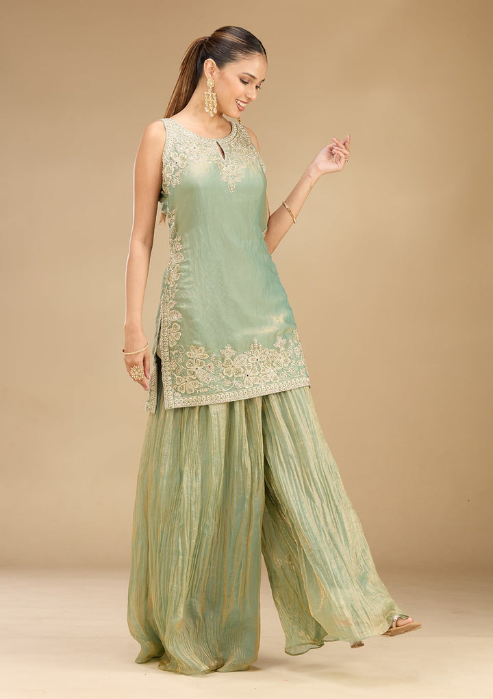 Sea Green Zariwork (Gold) Satin Readymade Salwar Suit