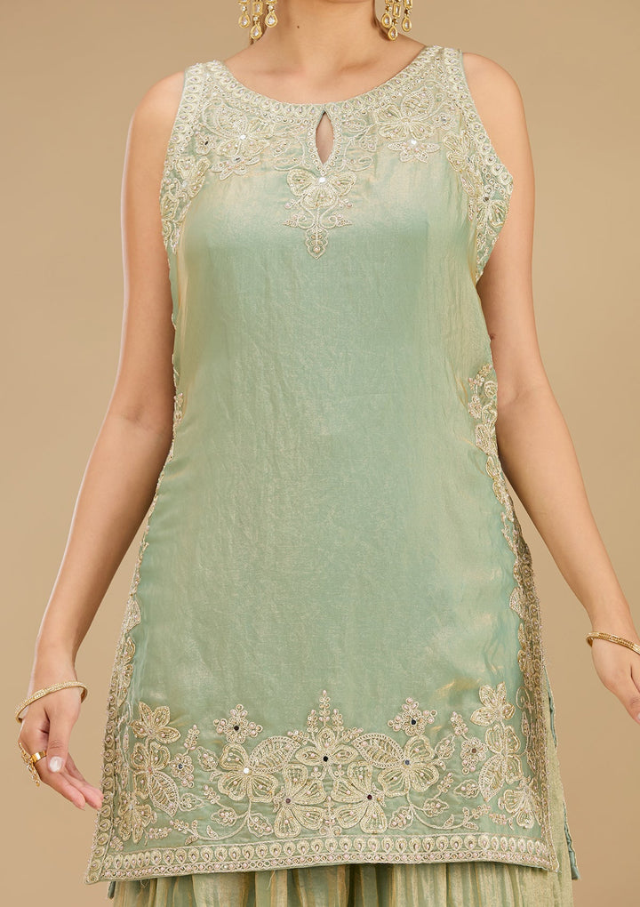 Sea Green Zariwork (Gold) Satin Readymade Salwar Suit