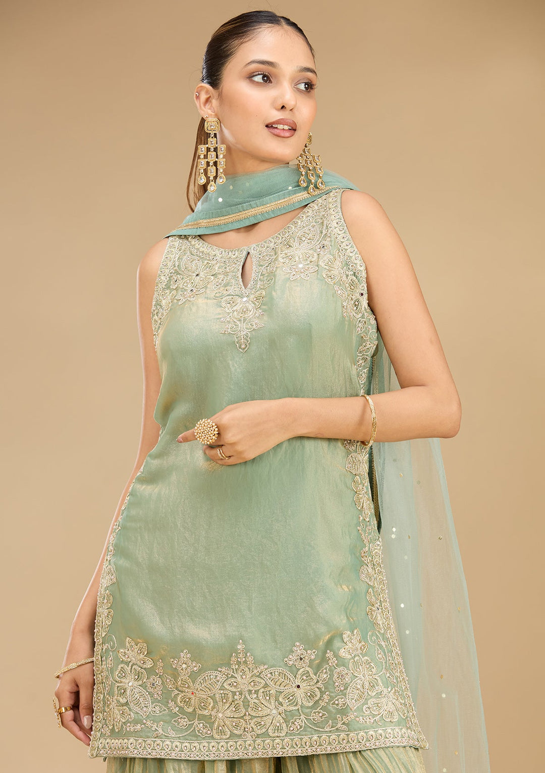Sea Green Zariwork (Gold) Satin Readymade Salwar Suit