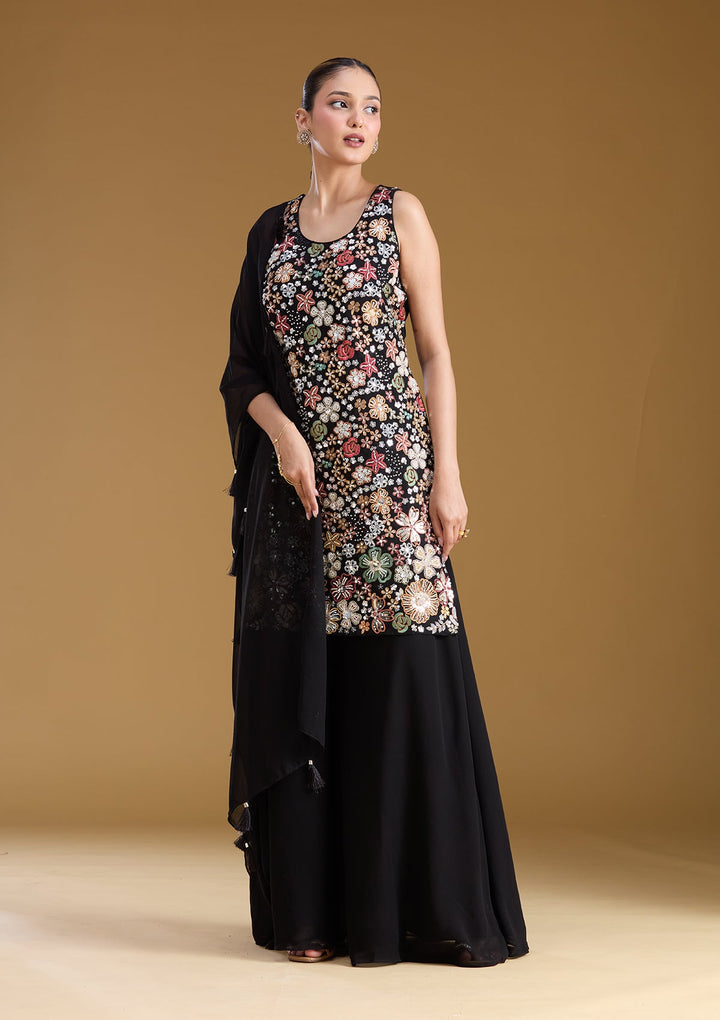 Black Threadwork Georgette Readymade Salwar Suit