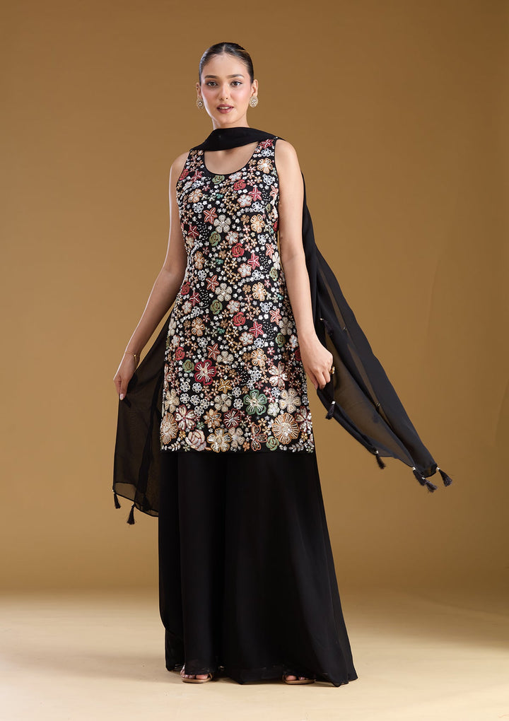 Black Threadwork Georgette Readymade Salwar Suit
