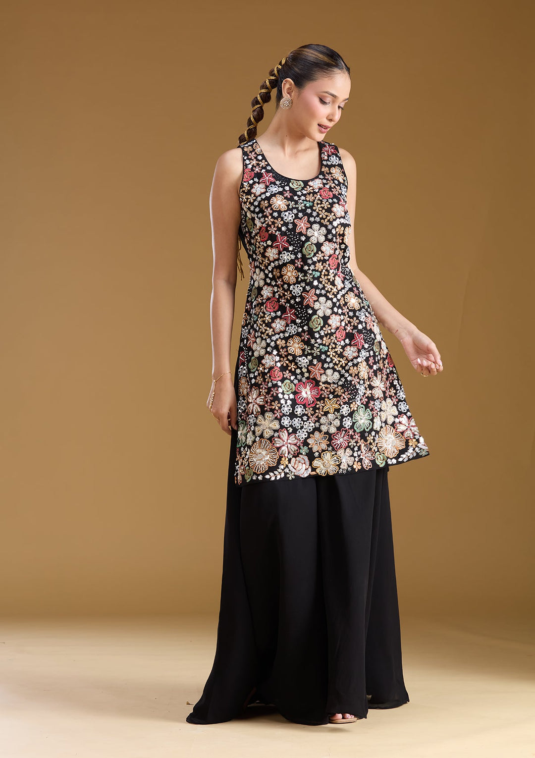 Black Threadwork Georgette Readymade Salwar Suit