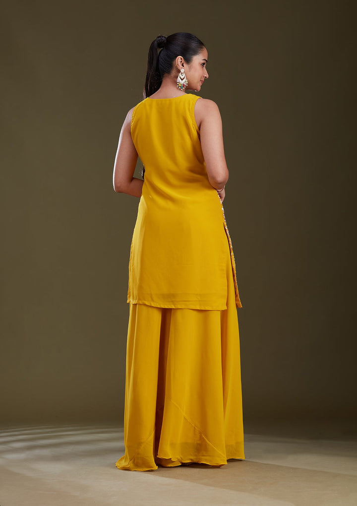 Mustard Yellow Threadwork Georgette Readymade Salwar Suit