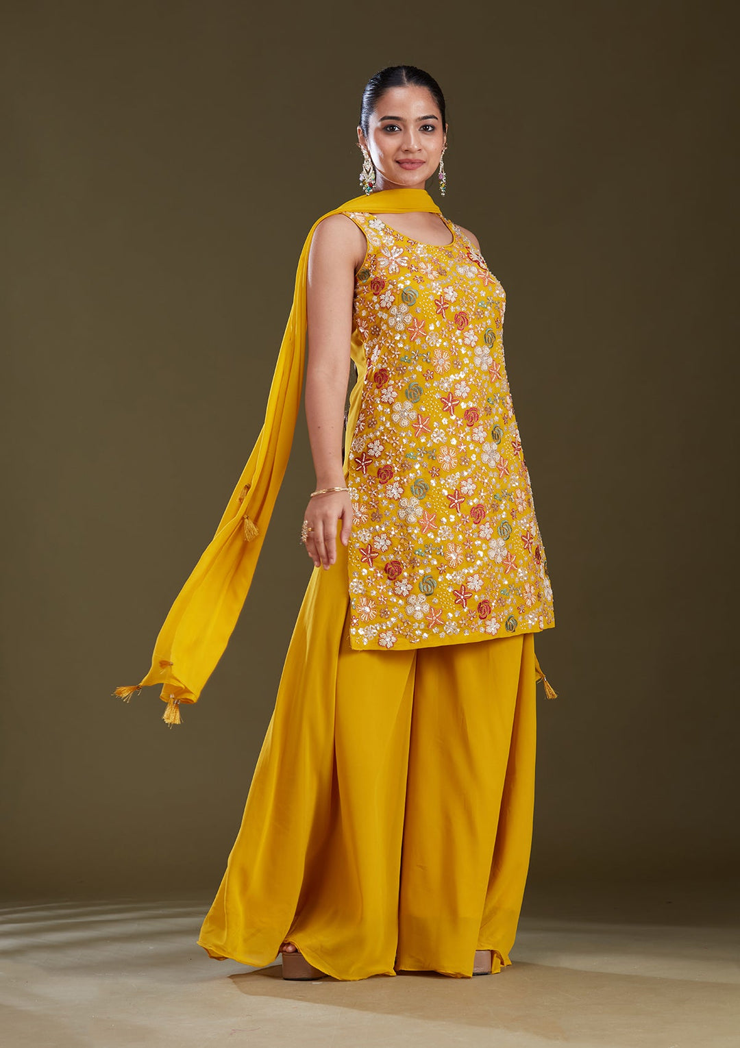 Mustard Yellow Threadwork Georgette Readymade Salwar Suit