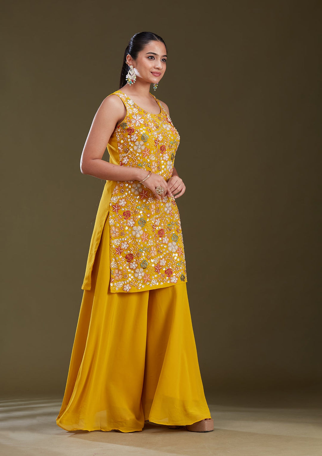 Mustard Yellow Threadwork Georgette Readymade Salwar Suit