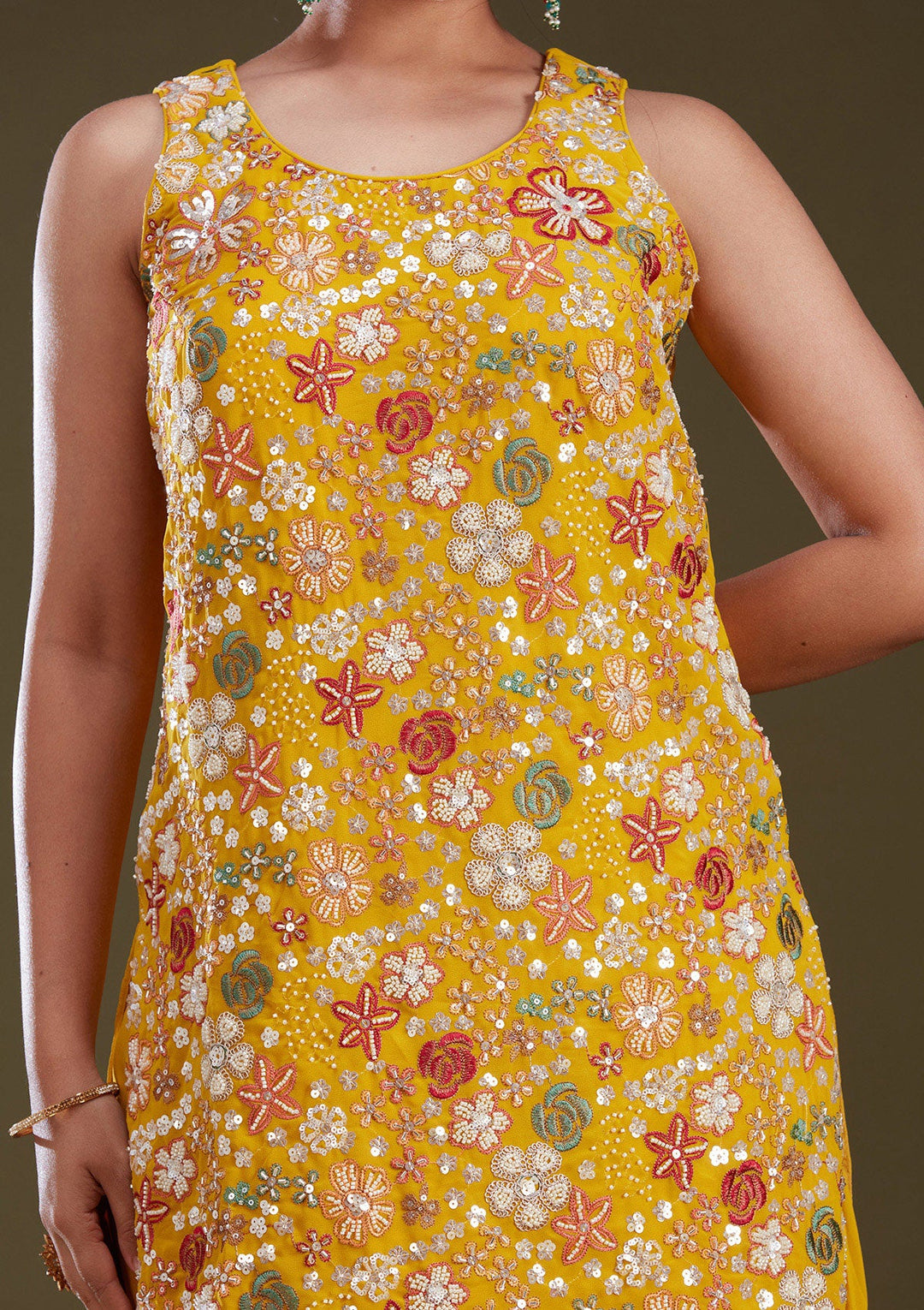 Mustard Yellow Threadwork Georgette Readymade Salwar Suit